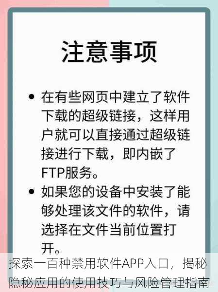 探索一百种禁用软件APP入口，揭秘隐秘应用的使用技巧与风险管理指南