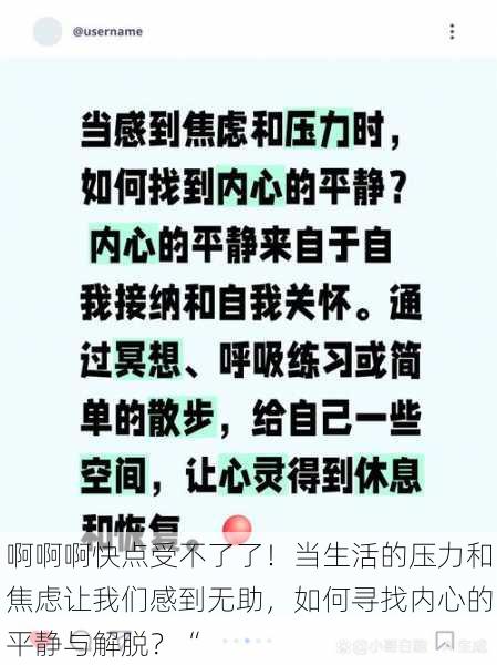 啊啊啊快点受不了了！当生活的压力和焦虑让我们感到无助，如何寻找内心的平静与解脱？“