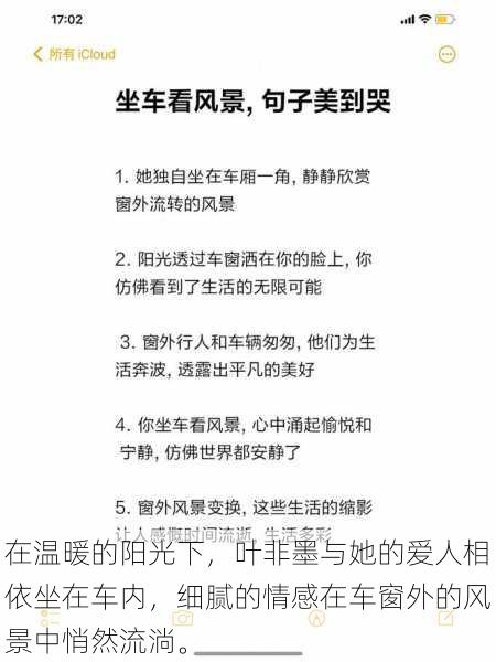 在温暖的阳光下，叶非墨与她的爱人相依坐在车内，细腻的情感在车窗外的风景中悄然流淌。