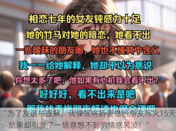 “为了友谊与理解，我慷慨将娇妻借给朋友泻火15天，结果却引发了一场意想不到的情感风波！”