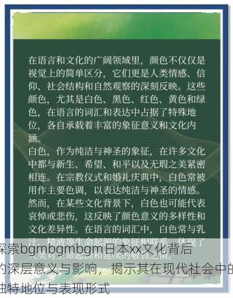 探索bgmbgmbgm日本xx文化背后的深层意义与影响，揭示其在现代社会中的独特地位与表现形式