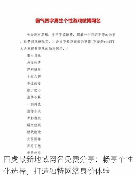 四虎最新地域网名免费分享：畅享个性化选择，打造独特网络身份体验