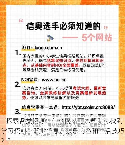 “探索各类资源：什么网站可以帮助你找到学习资料、职业信息、娱乐内容和生活技巧？”