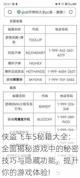 侠盗飞车5秘籍大全：全面揭秘游戏中的秘密技巧与隐藏功能，提升你的游戏体验!