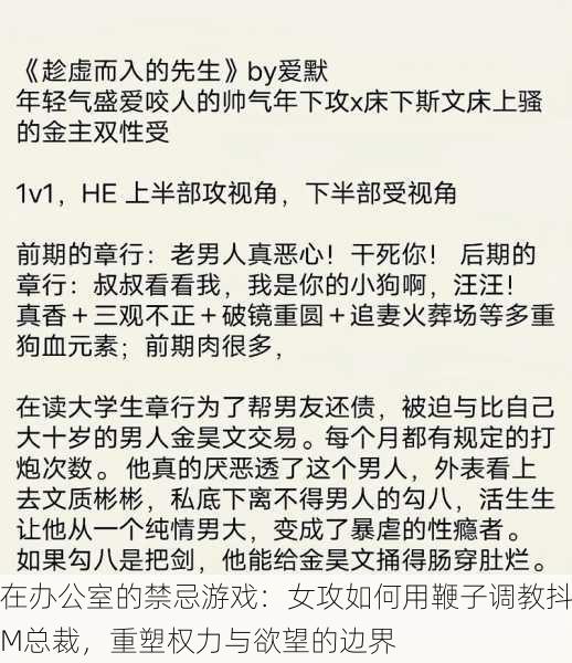 在办公室的禁忌游戏：女攻如何用鞭子调教抖M总裁，重塑权力与欲望的边界