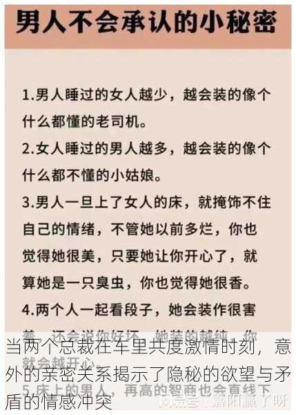 当两个总裁在车里共度激情时刻，意外的亲密关系揭示了隐秘的欲望与矛盾的情感冲突