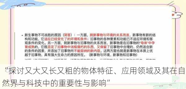 “探讨又大又长又粗的物体特征、应用领域及其在自然界与科技中的重要性与影响”