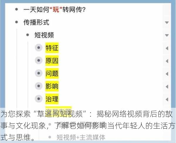 为您探索“草逼网站视频”：揭秘网络视频背后的故事与文化现象，了解它如何影响当代年轻人的生活方式与思维。